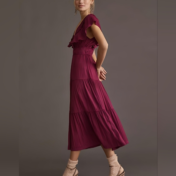 Anthropologie Somerset Ruffled Tiered Midi Dress Is Raspberry Size Medium - Picture 13 of 14